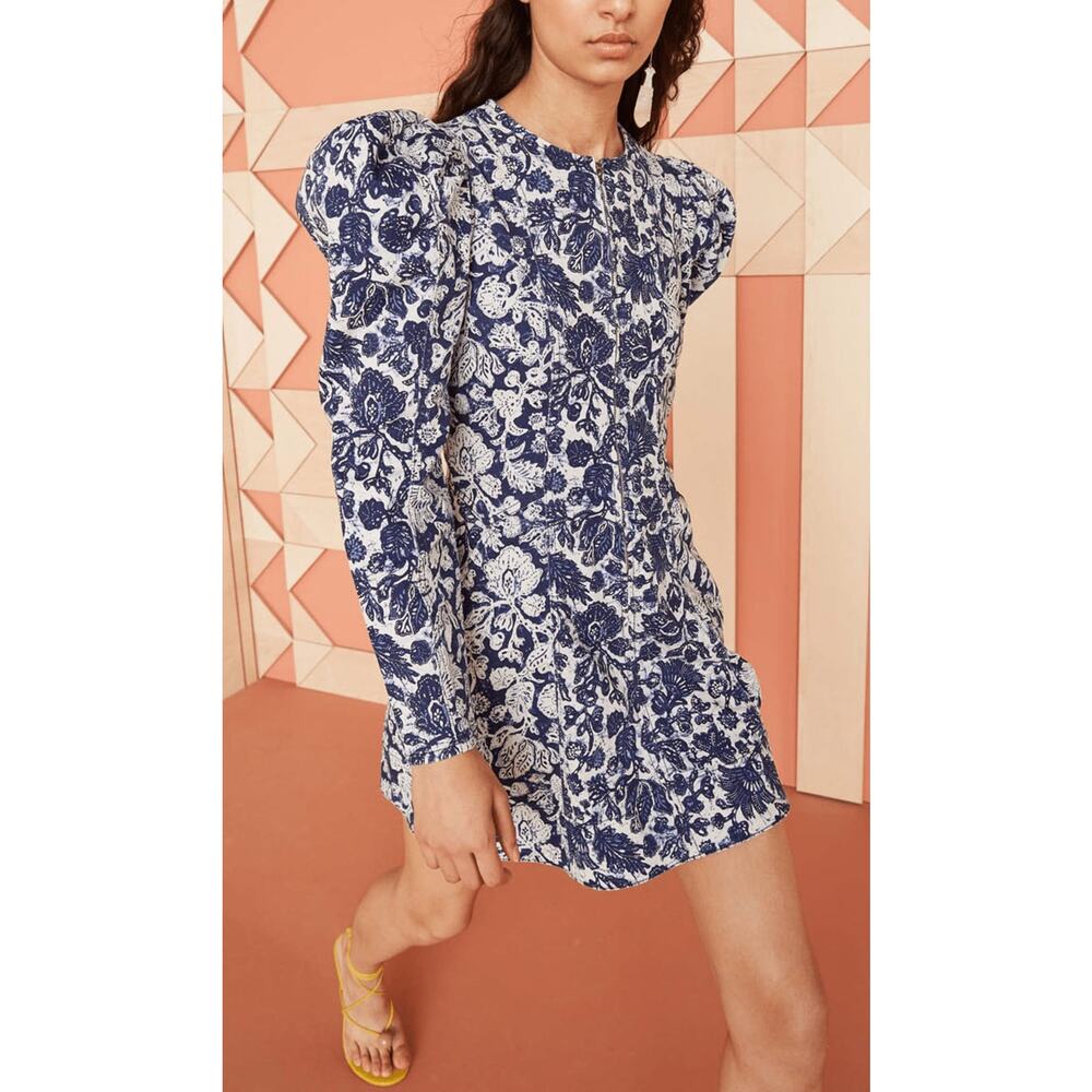 Ulla Johnson Dress Mini Western Wren Denim Puff Long Sleeve Blue Floral US 8 - Picture 2 of 15